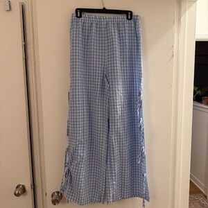 Blue Gingham Wide-Leg Pants